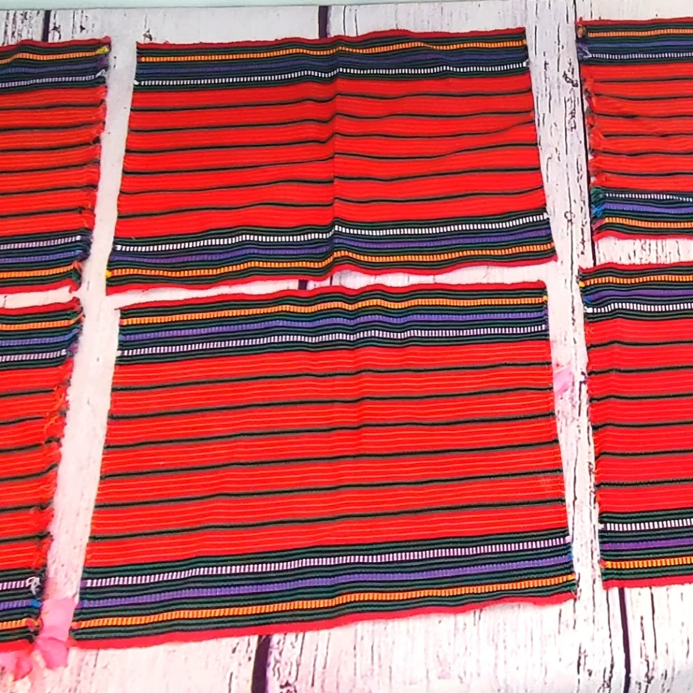 6 Woven Red Stripe Multicolor Rectangular Placemats.